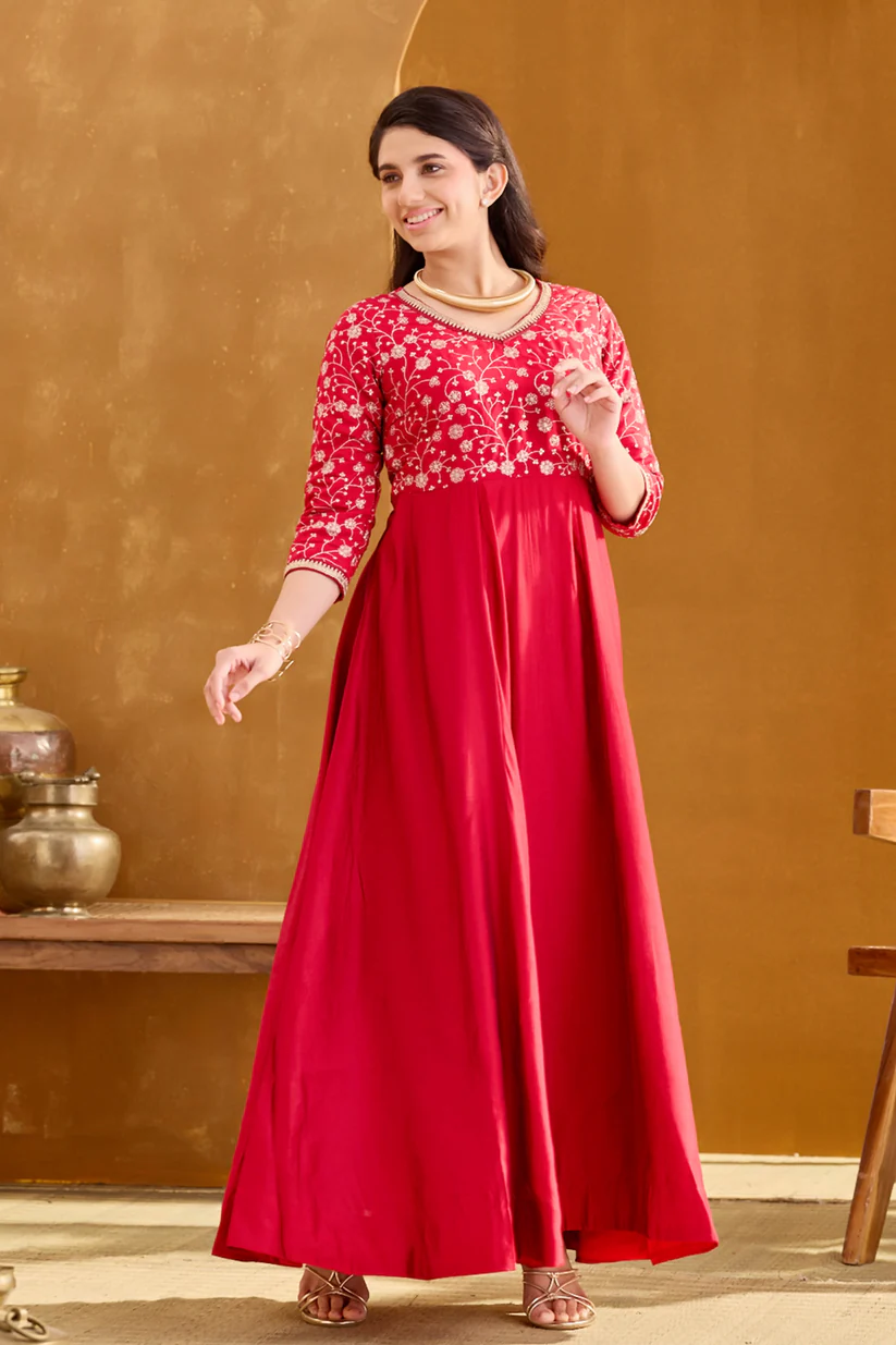 Red Anarkali with Sequin & Golden Embroidery
